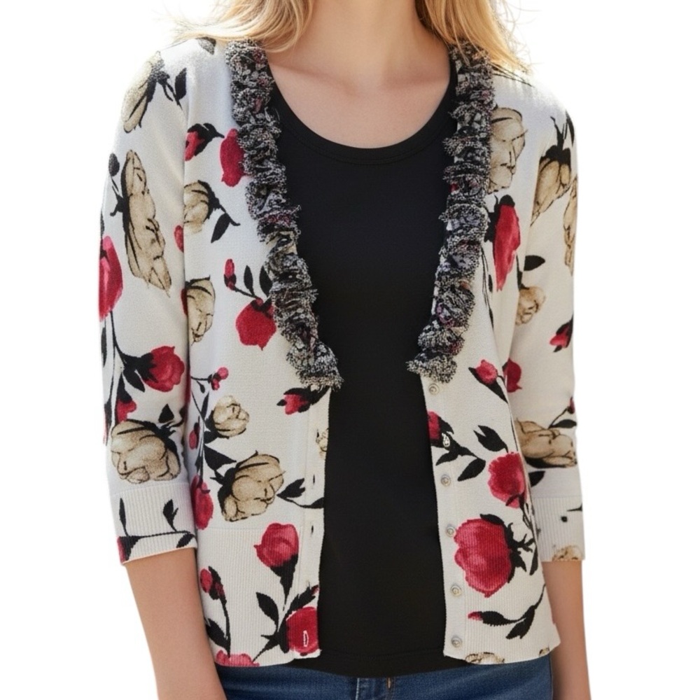 White House Black Market Floral Cardigan Cream Red Sweater Size Large